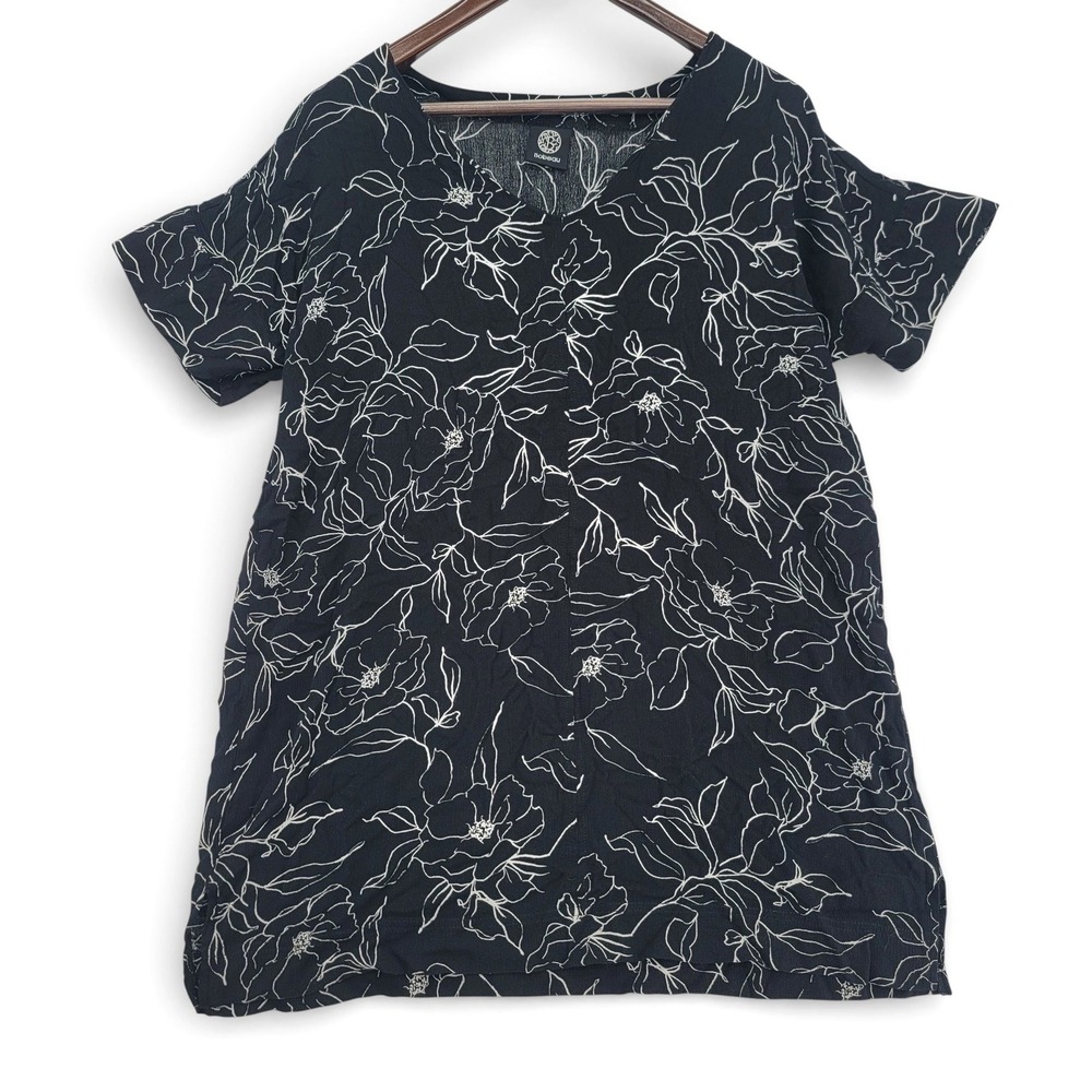 Bobeau Women L Oversized Blouse Tunic Lightweight Black White Floral Top